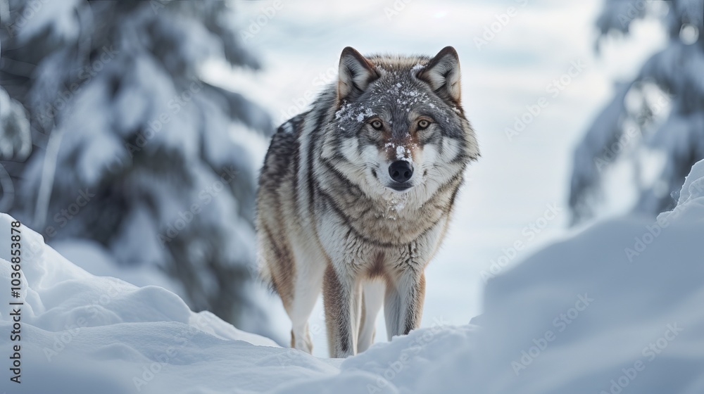 A lone wolf stands in a snowy forest, looking directly at the camera. A lone wolf stands in a snowy forest, looking directly at the camera.