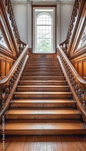 Ornate Wooden Staircase with Arched Window photo