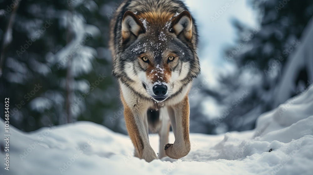 Naklejka premium A wolf with snow on its fur walks through a snowy forest.