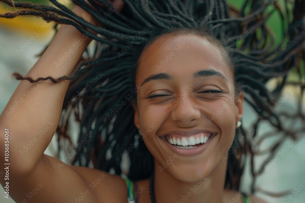 A smiling woman with dreadlocks on her head A smiling woman with dreadlocks on her head