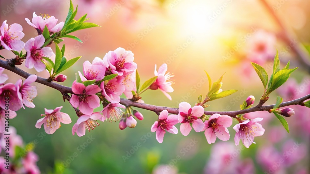 Delicate Pink Blossoms Embrace Warm Sunlight on a Branch, a Tender Symphony of Nature's Awakening Delicate Pink Blossoms Embrace Warm Sunlight on a Branch, a Tender Symphony of Nature's Awakening