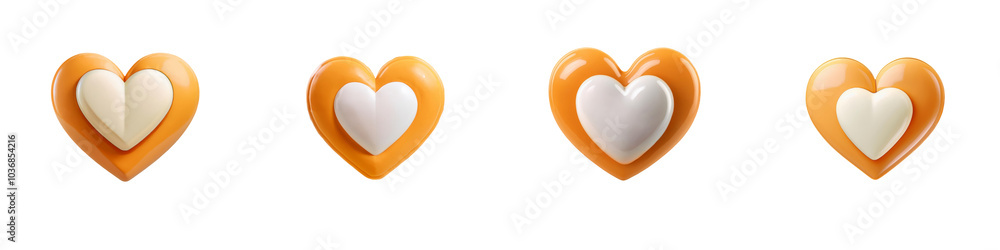 Four heart-shaped icons with orange edges and white centers arranged in a row against transparent background. Four heart-shaped icons with orange edges and white centers arranged in a row against transparent background.