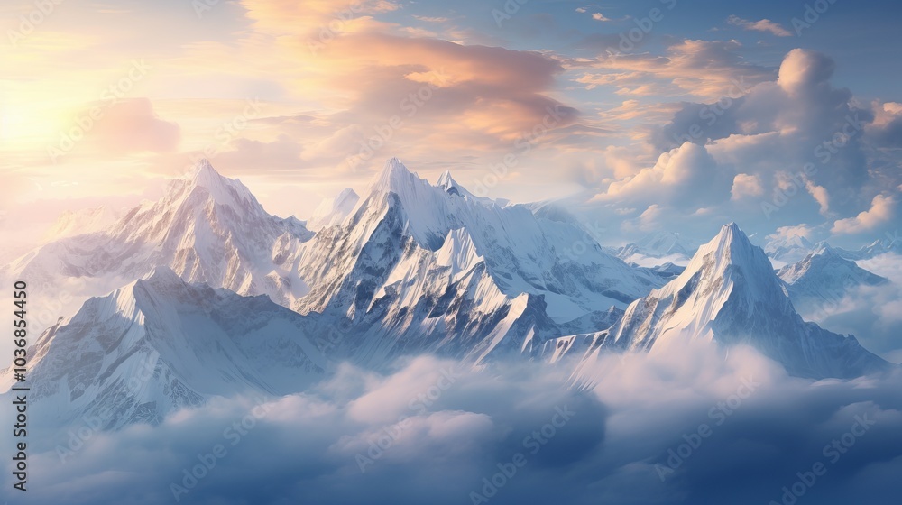 Majestic snow-capped mountain peaks rise above a sea of clouds under a vibrant sunset sky. Majestic snow-capped mountain peaks rise above a sea of clouds under a vibrant sunset sky.