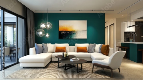 Modern living room with a cozy sofa, artwork, and stylish decor.