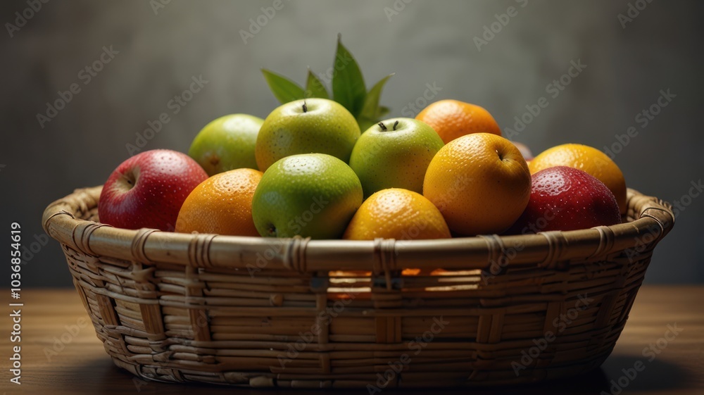 A wicker basket filled with fresh red apples, green apples, and oranges, with a few green leaves on top, on a wooden table against a textured grey background. A wicker basket filled with fresh red apples, green apples, and oranges, with a few green leaves on top, on a wooden table against a textured grey background.