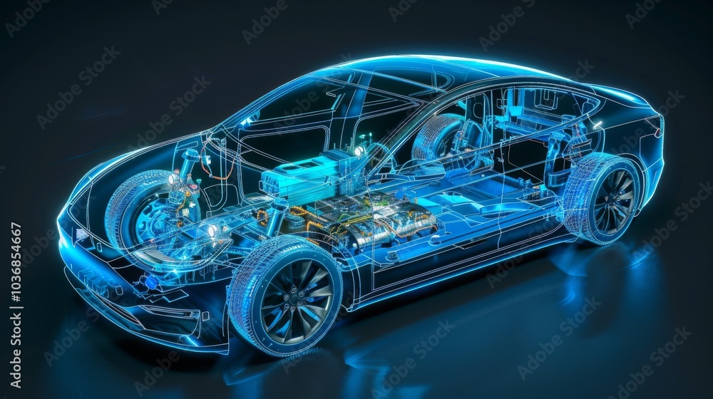 Electric car lithium battery pack is illustrated with power connections, showcasing the core of modern automotive technology in a vibrant blue tone Electric car lithium battery pack is illustrated with power connections, showcasing the core of modern automotive technology in a vibrant blue tone
