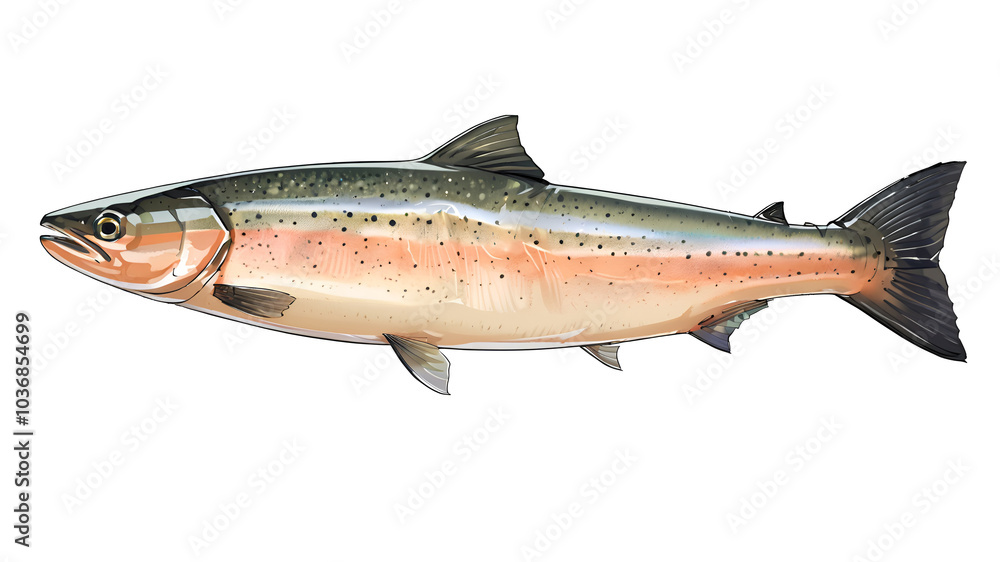 illustration style of full body of Atlantic Salmon (fish), isolated on a white background illustration style of full body of Atlantic Salmon (fish), isolated on a white background