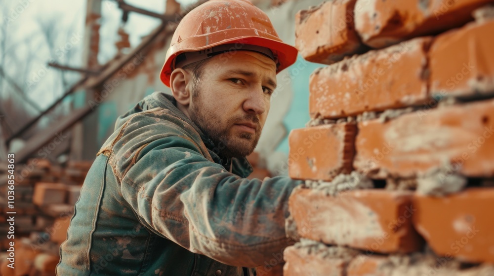 Construction worker taking a break, leaning on a brick wall Construction worker taking a break, leaning on a brick wall