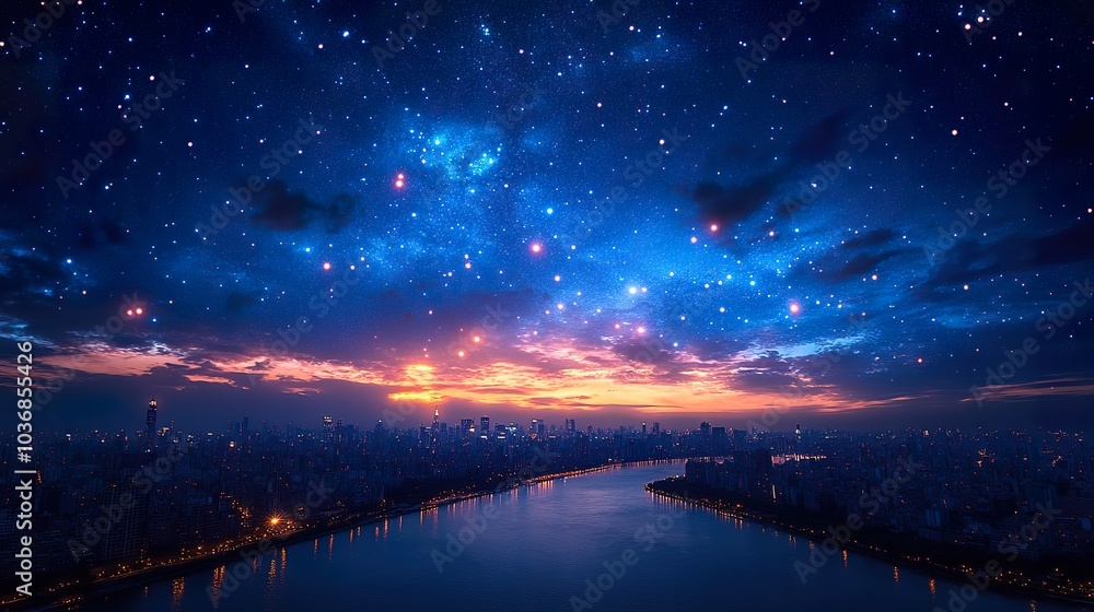 Obraz premium Cityscape Night Sky Blending Stars - Urban Landscape with Celestial Beauty