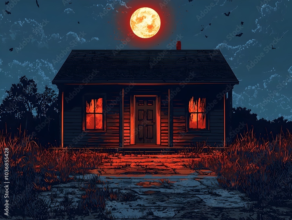 A haunting scene of a silhouetted house illuminated by a blood-red moon, with fiery windows and a dark, eerie atmosphere, creating a chilling, suspenseful feel. A haunting scene of a silhouetted house illuminated by a blood-red moon, with fiery windows and a dark, eerie atmosphere, creating a chilling, suspenseful feel.