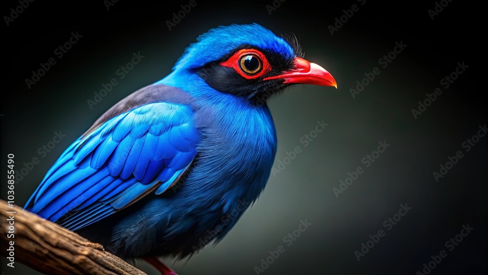 A vibrant blue bird with a red beak perched on a branch, its bright plumage contrasting against a dark background. A vibrant blue bird with a red beak perched on a branch, its bright plumage contrasting against a dark background.