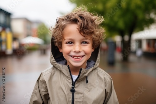 Portrait of a cute little boy in the rain looking at camera