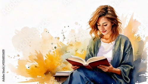 watercolor of a woman reading a book isolated on a peaceful background with copy space