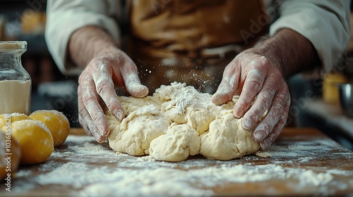 Expert Baker Kneading Dough: Close-Up View of Skillful Hands Shaping Fresh Dough for Delicious Bread