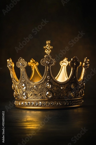 A gold crown sitting on a table, perfect for royalty-themed photoshoots or as a decorative prop