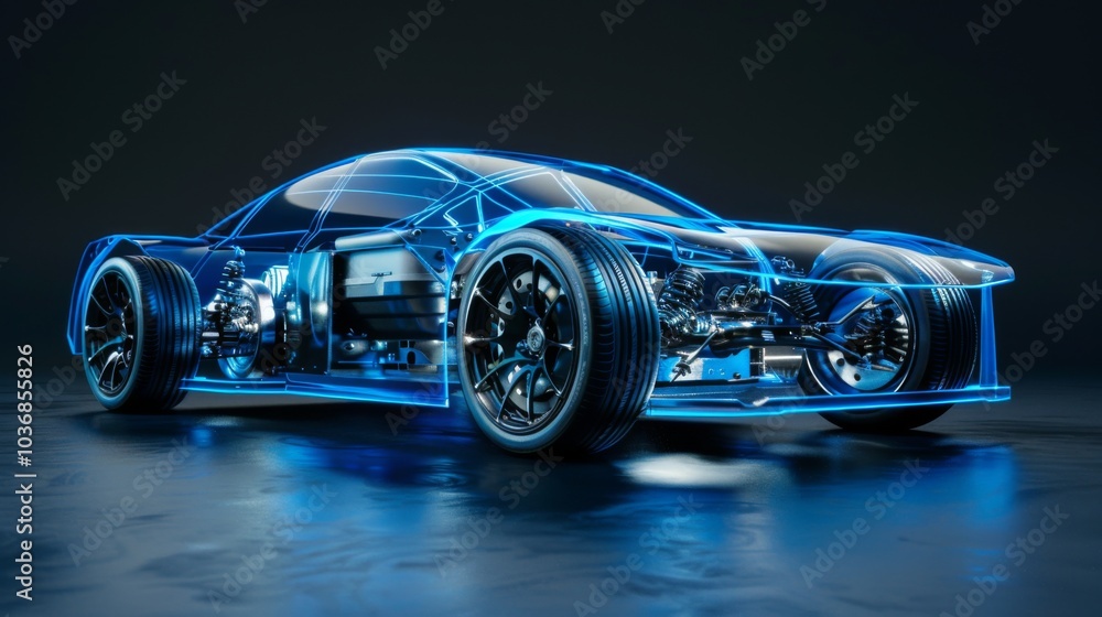 Fototapeta premium Electric car lithium battery pack is illustrated with power connections, showcasing the core of modern automotive technology in a vibrant blue tone