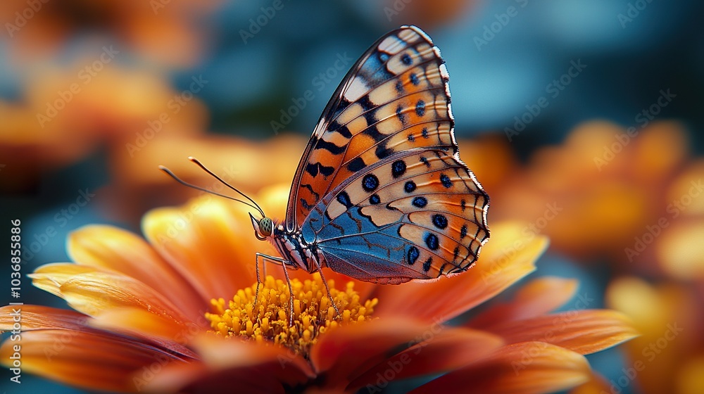 Obraz premium A Butterfly Resting on a Flower: A Close-Up View of Nature's Beauty