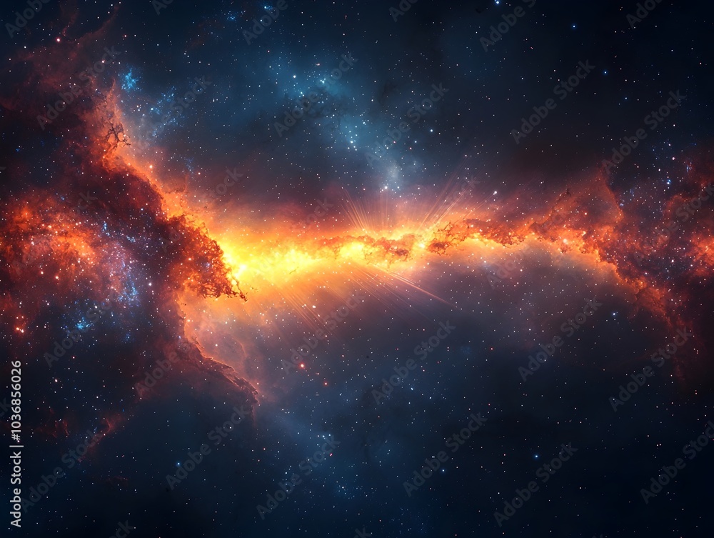 Fototapeta premium A vibrant cosmic scene featuring a brilliant orange and blue nebula, set against a backdrop of twinkling stars in deep space, showcasing the beauty of the universe.