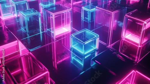 Abstract digital landscape with glowing cubes in vibrant colors.