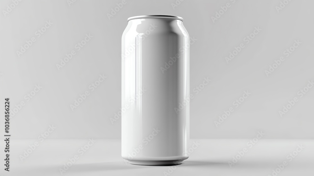 A blank white can standing upright on a neutral background, perfect for branding and advertising use. A blank white can standing upright on a neutral background, perfect for branding and advertising use.