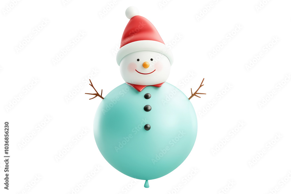 A cheerful snowman balloon with a red hat, black buttons, and twig arms isolated on white background. Concept of winter fun. A cheerful snowman balloon with a red hat, black buttons, and twig arms isolated on white background. Concept of winter fun.