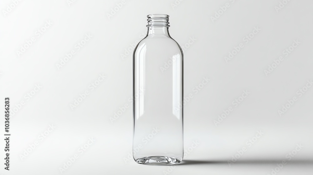 A clear glass bottle stands upright, showcasing its minimalistic design against a neutral background, perfect for product showcasing. A clear glass bottle stands upright, showcasing its minimalistic design against a neutral background, perfect for product showcasing.