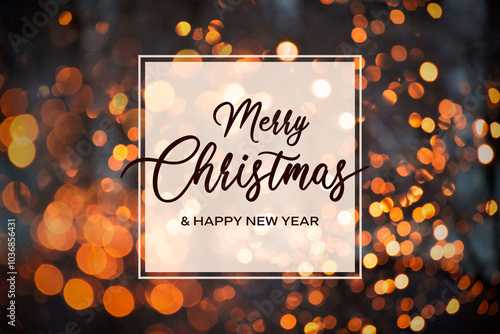 Merry Christmas and Happy New Year greeting card with golden bokeh lights frame stock images. Merry Christmas background with night defocused lights images. Template for background, banner, card