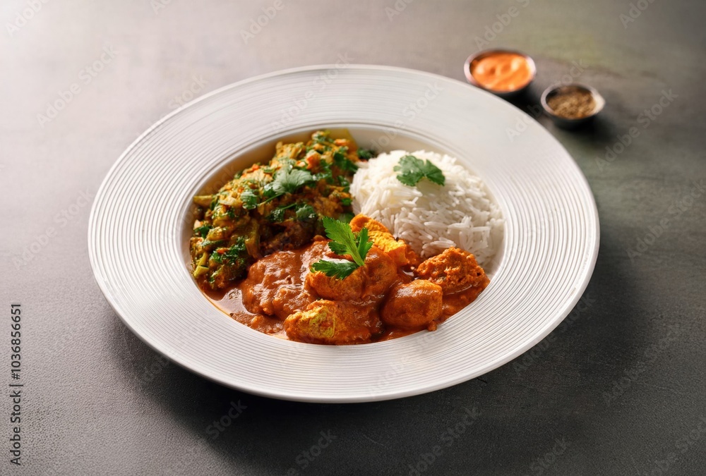 Indian dishes in a white plate, assorted Indian dishes Indian dishes in a white plate, assorted Indian dishes