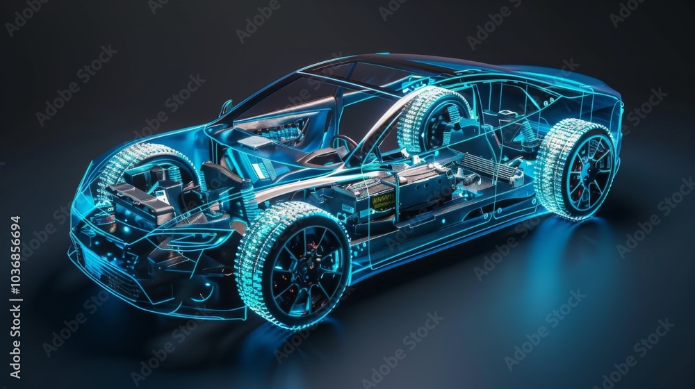 Electric car lithium battery pack is illustrated with power connections, showcasing the core of modern automotive technology in a vibrant blue tone Electric car lithium battery pack is illustrated with power connections, showcasing the core of modern automotive technology in a vibrant blue tone