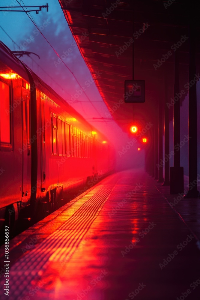 Fototapeta premium A red train stands at a foggy train station, waiting for departure