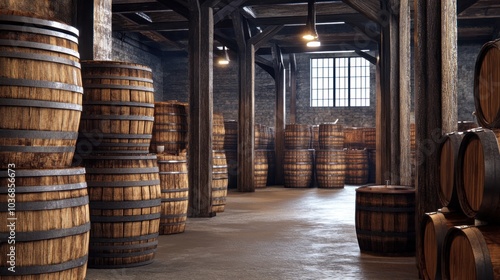 A rustic storage area filled with wooden barrels, suggesting aging or fermentation processes.