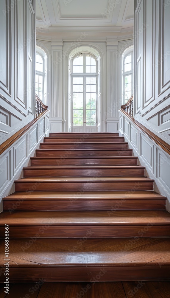 Fototapeta premium Wooden Staircase Leading to a Window with a View