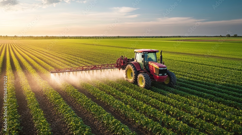 Aerial drone photography showcasing tractor applying pesticides on serene potato farm in spring Aerial drone photography showcasing tractor applying pesticides on serene potato farm in spring