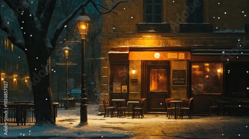 A charming Night Winter Snowy Paris street scene Painting at night with a warm café, snow falling, and glowing street lamps