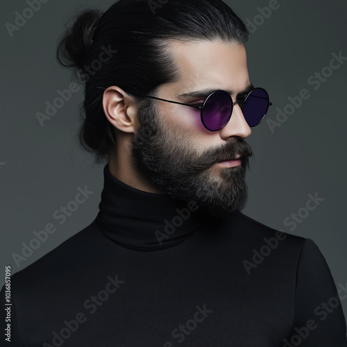 bearded man in gothic style with black bun and purple sunglasses in studio