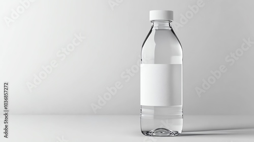 Clear water bottle with a blank label on a simple background, ideal for branding or product mockups.