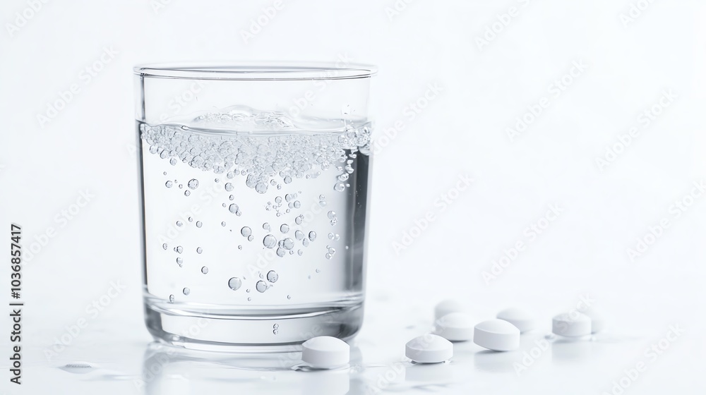 Fresh effervescent tablet dissolving in clear glass of water, creating bubbles and a refreshing appearance. Ideal for health concepts. Fresh effervescent tablet dissolving in clear glass of water, creating bubbles and a refreshing appearance. Ideal for health concepts.