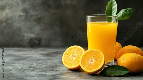 Fresh orange juice in a glass with whole and sliced oranges on a dark background, perfect for refreshing beverages or healthy meals. photo