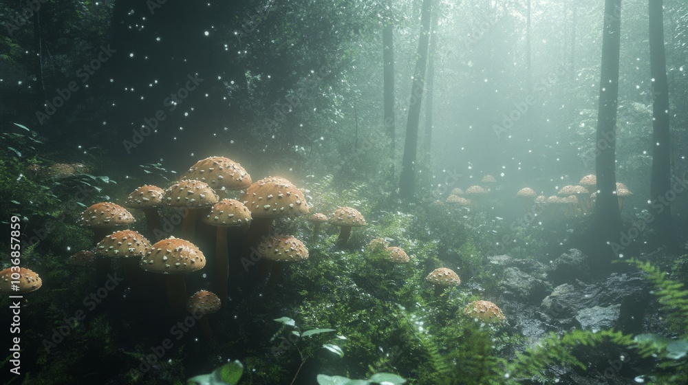 Obraz premium Enchanting forest scene featuring vibrant mushrooms amidst a misty atmosphere.