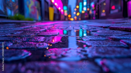 Obraz na płótnie Vibrant Night Street Reflections, Colorful Neon Lights on Cobblestones, Urban Aesthetic. Generative AI w salonie