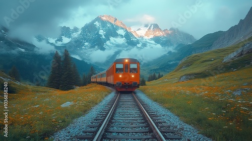 A Romantic Train Journey Through Majestic Mountains: Capture the Enchantment of a Couple's Adventure Amidst Breathtaking Scenery