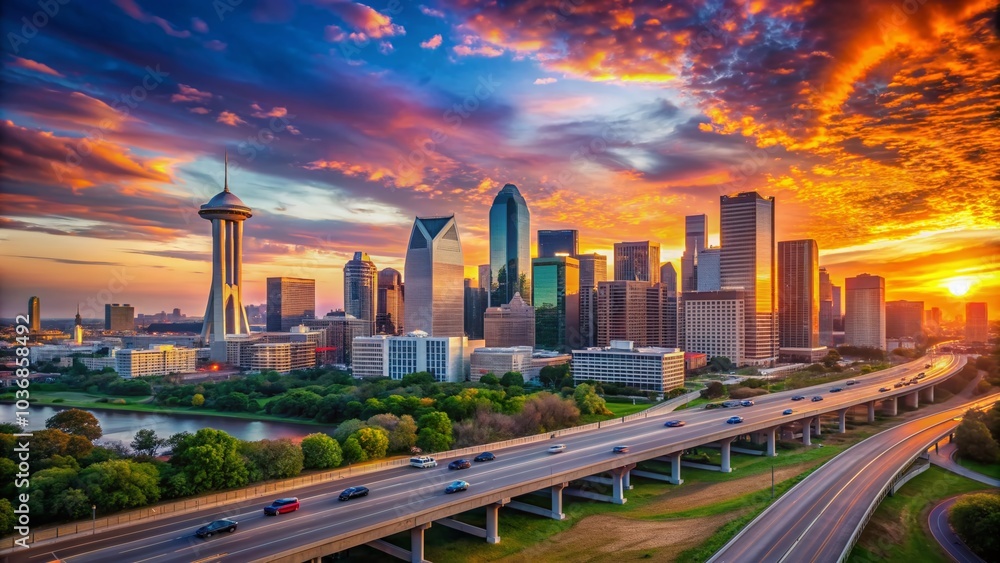 Fototapeta premium Vibrant sunset casts a warm glow over the modern Dallas cityscape, featuring sleek skyscrapers, bustling highways, and iconic Reunion Tower standing tall.