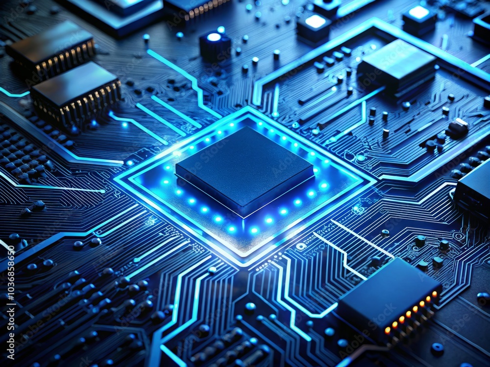 Glowing Blue Circuit Board with Central Processor - Macro Photography of High-Tech Electronics, Futuristic Technology, Digital Innovation, Computer Components, Tech Background Glowing Blue Circuit Board with Central Processor - Macro Photography of High-Tech Electronics, Futuristic Technology, Digital Innovation, Computer Components, Tech Background