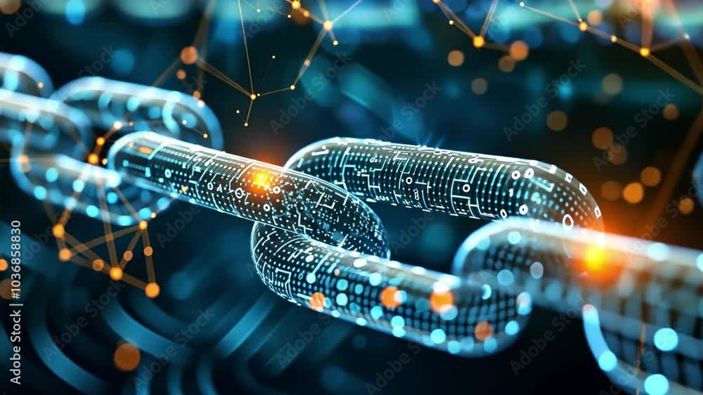 An abstract view of a digital chain link representing blockchain technology, showcasing glowing connections and data patterns. The background creates a high-tech atmosphere.