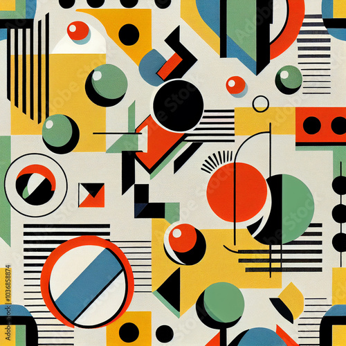 Seamless Bauhaus pattern with vibrant geometric shapes and modern abstract art