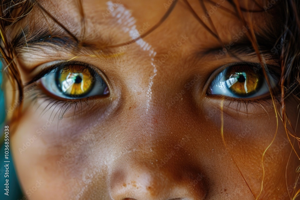 A young child's face with bright yellow eyes, ideal for illustrations or conceptual images A young child's face with bright yellow eyes, ideal for illustrations or conceptual images