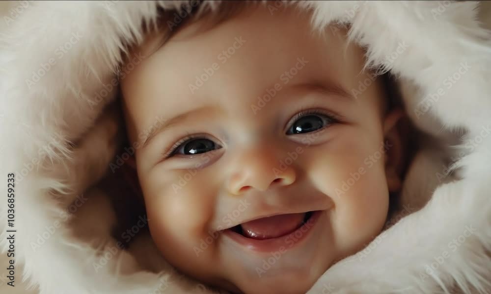 Smiling baby wearing a fluffy hooded outfit, radiating warmth and joy, capturing a moment of pure happiness Smiling baby wearing a fluffy hooded outfit, radiating warmth and joy, capturing a moment of pure happiness