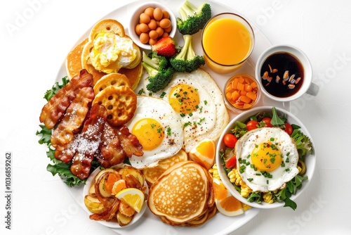 Wallpaper Mural A white plate filled with breakfast food, including scrambled eggs and toasted bread, served with a glass of orange juice Torontodigital.ca