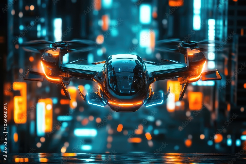 A futuristic flying vehicle soaring through the night sky above a bustling city A futuristic flying vehicle soaring through the night sky above a bustling city