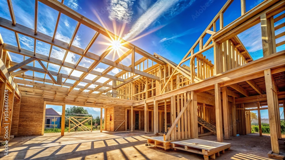 Interior wood framing and truss support beams are being constructed in a residential neighborhood, showcasing progress on a bright summer day filled with activity. Interior wood framing and truss support beams are being constructed in a residential neighborhood, showcasing progress on a bright summer day filled with activity.